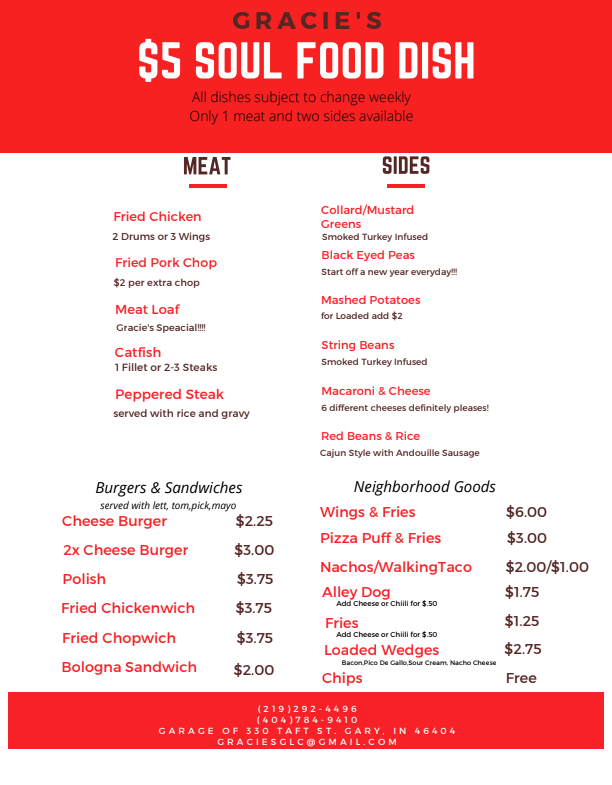 Gracies Good Love & Cuisine | restaurant | 330 Taft St, Gary, IN 46404, USA | 2192924496 OR +1 219-292-4496