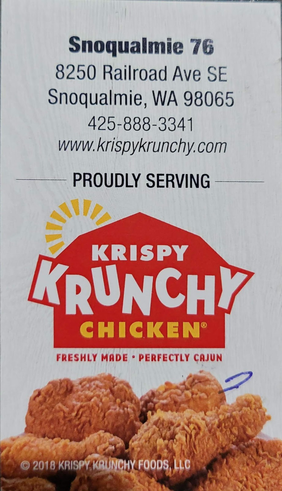 Krispy Krunchy Chicken | meal delivery | 8250 Railroad Ave, Snoqualmie, WA 98065, USA | 4258883341 OR +1 425-888-3341