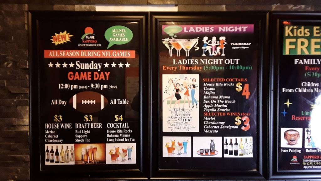 Sapporo Japanese Restaurant | restaurant | 3814 Bridgeport Way W, University Place, WA 98466, USA | 2534333803 OR +1 253-433-3803