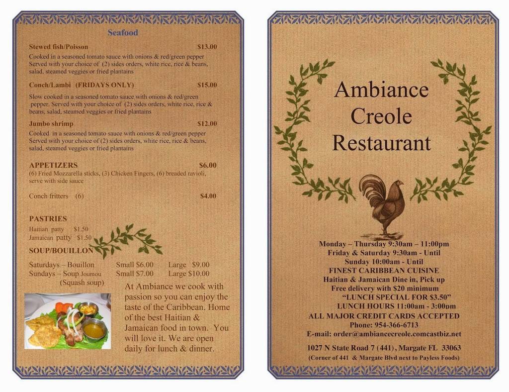 Ambiance Creole Restaurant | restaurant | 1027 FL-7, Margate, FL 33063, USA | 9543666713 OR +1 954-366-6713