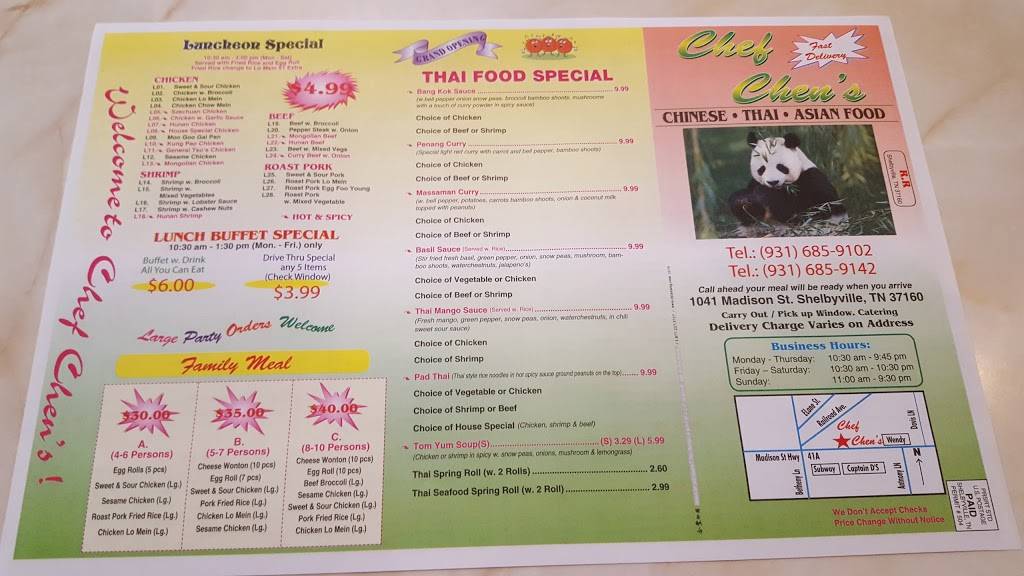 Chef Chens | restaurant | 1041 Madison St, Shelbyville, TN 37160, USA | 9316859102 OR +1 931-685-9102