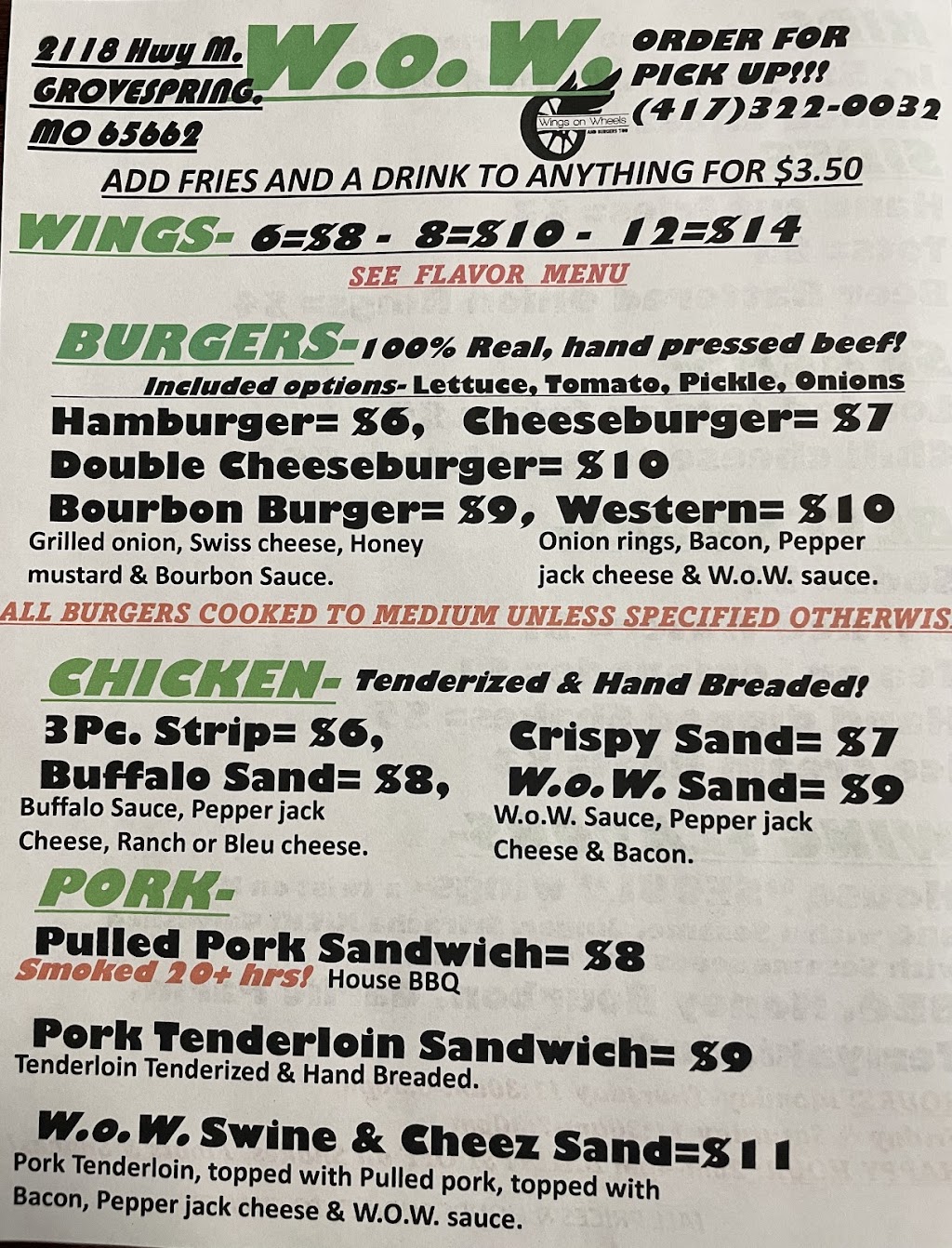 W.o.W. Wings on Wheels | restaurant | 2118 State Hwy M, Grovespring, MO 65662, USA | 4173220032 OR +1 417-322-0032