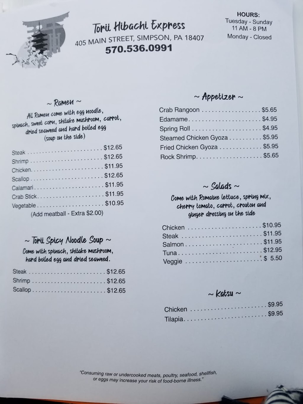 Torii Hibachi Express | restaurant | 405 N Main St, Simpson, PA 18407, USA | 5709047686 OR +1 570-904-7686