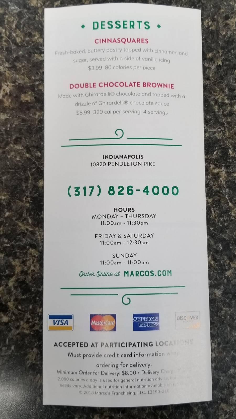 Marcos Pizza | meal delivery | 10820 Pendleton Pike, Indianapolis, IN 46236, USA | 3178264000 OR +1 317-826-4000