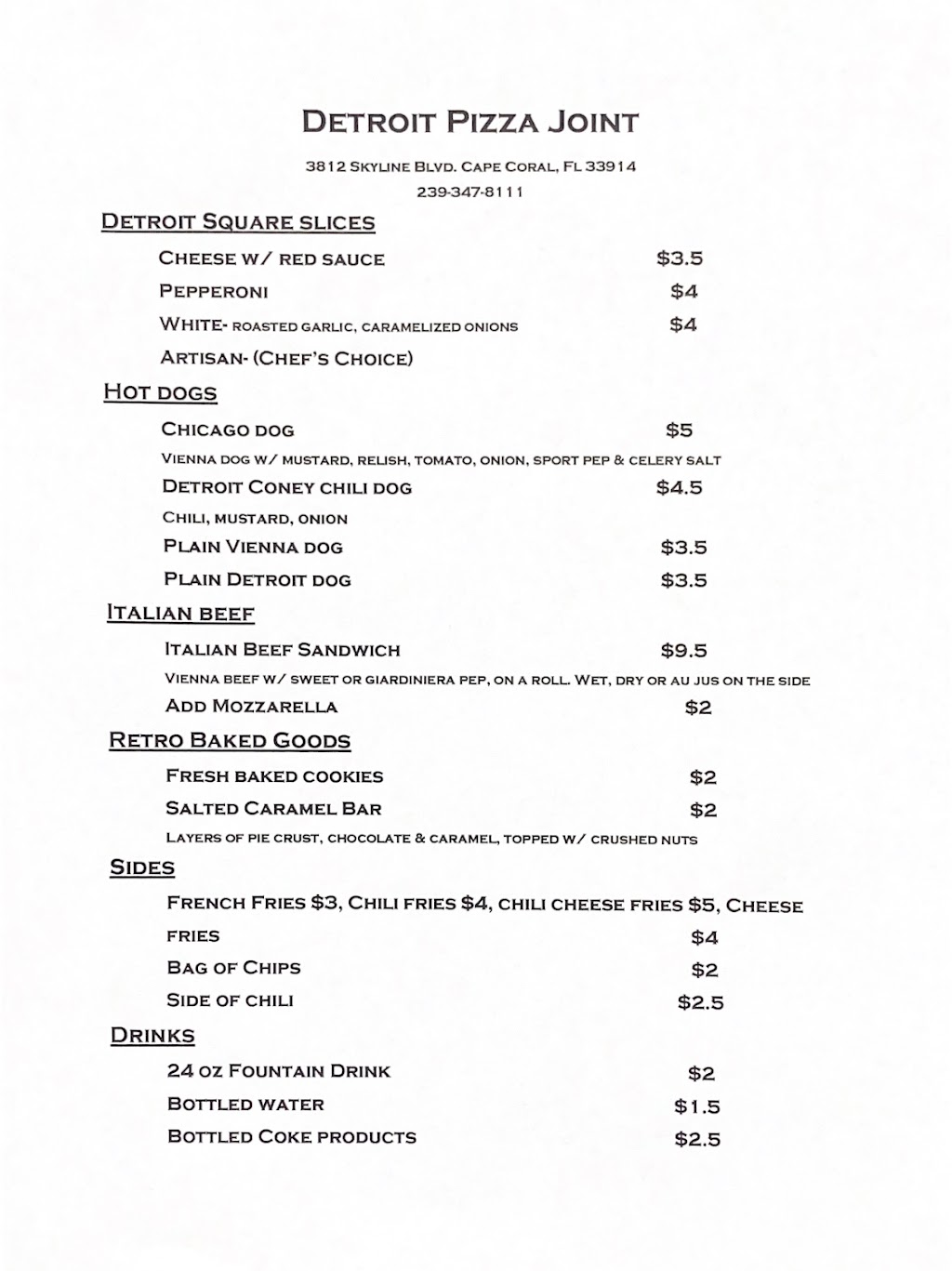 Detroit Pizza Joint | meal takeaway | 3812 Skyline Blvd, Cape Coral, FL 33914, USA | 2393478111 OR +1 239-347-8111