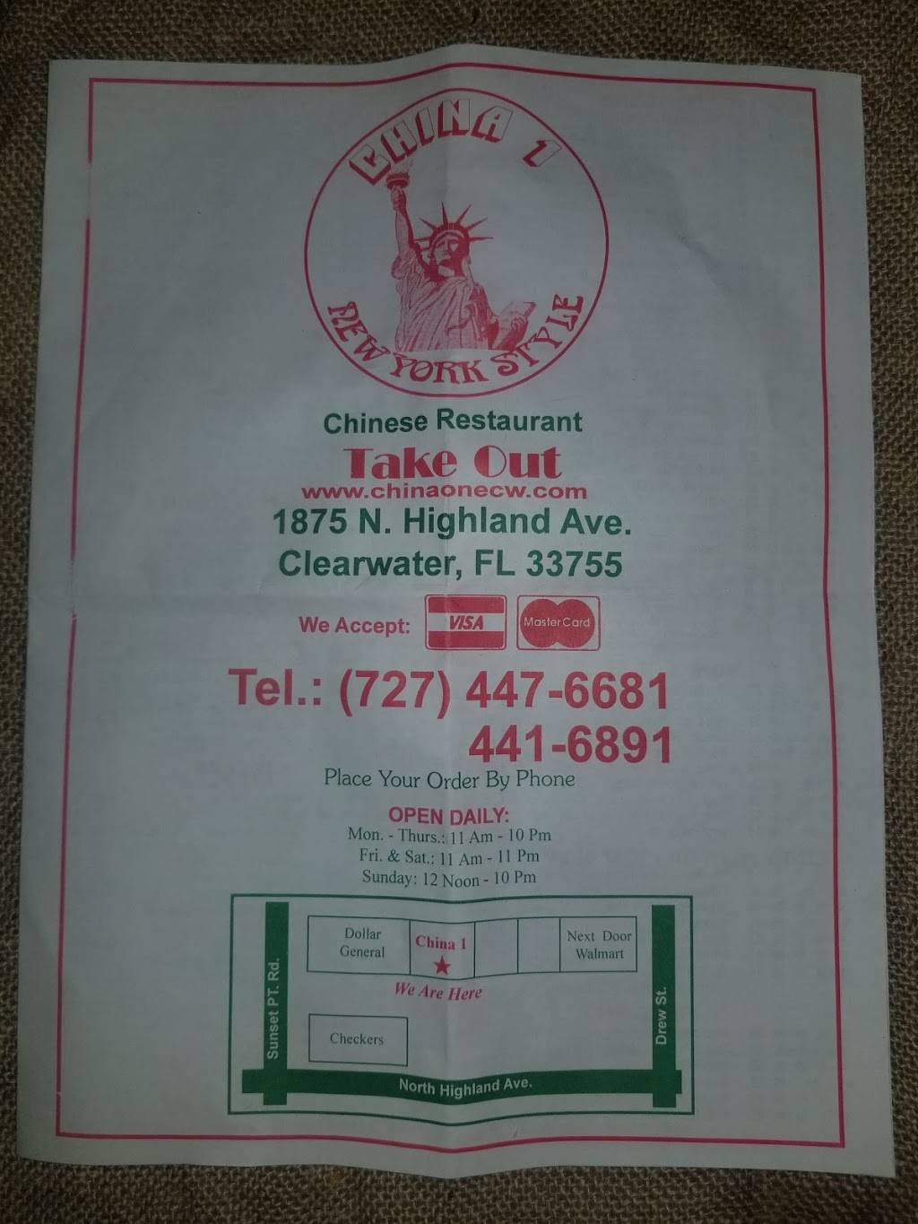 China One | restaurant | 1831 N Highland Ave #10, Clearwater, FL 33755, USA | 7274476681 OR +1 727-447-6681