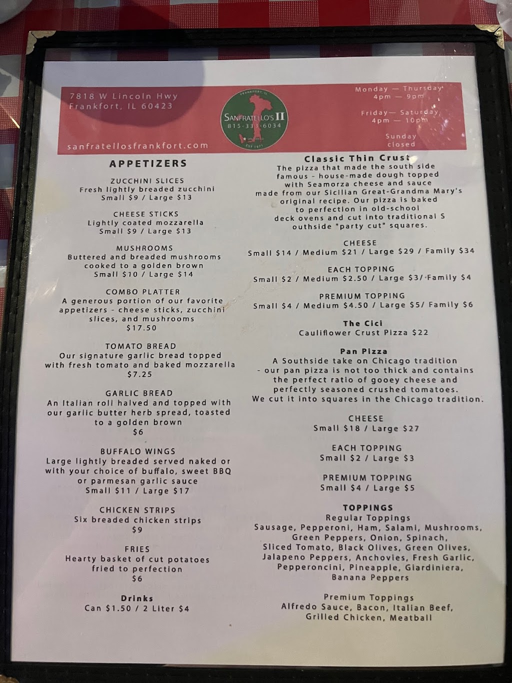 Sanfratellos II | restaurant | 7818 W Lincoln Hwy, Frankfort, IL 60423, USA | 8153336034 OR +1 815-333-6034