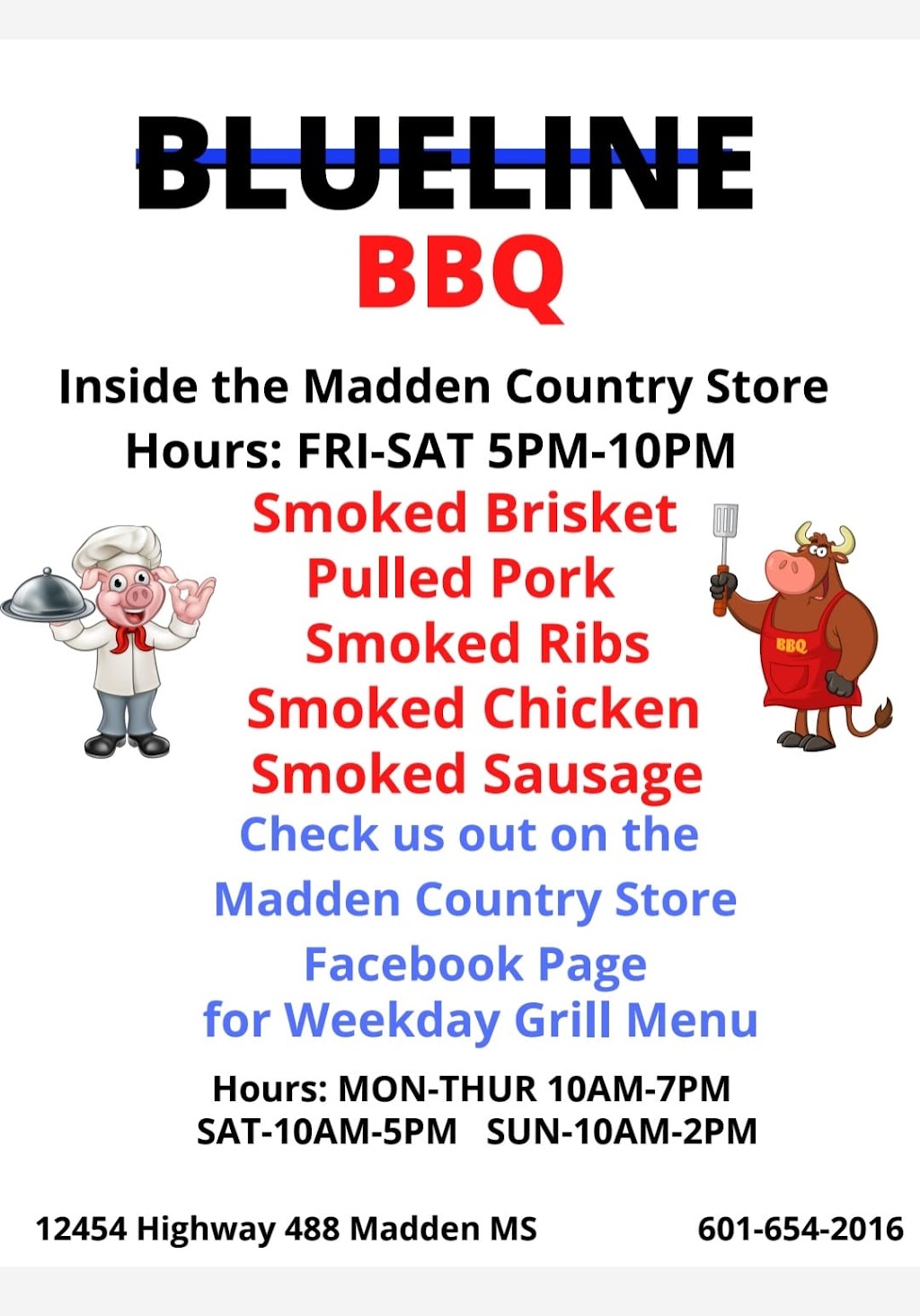 Madden Country Store LLC - Blueline BBQ & Seafood | restaurant | 12454 MS-488, Carthage, MS 39051, USA | 6016542016 OR +1 601-654-2016