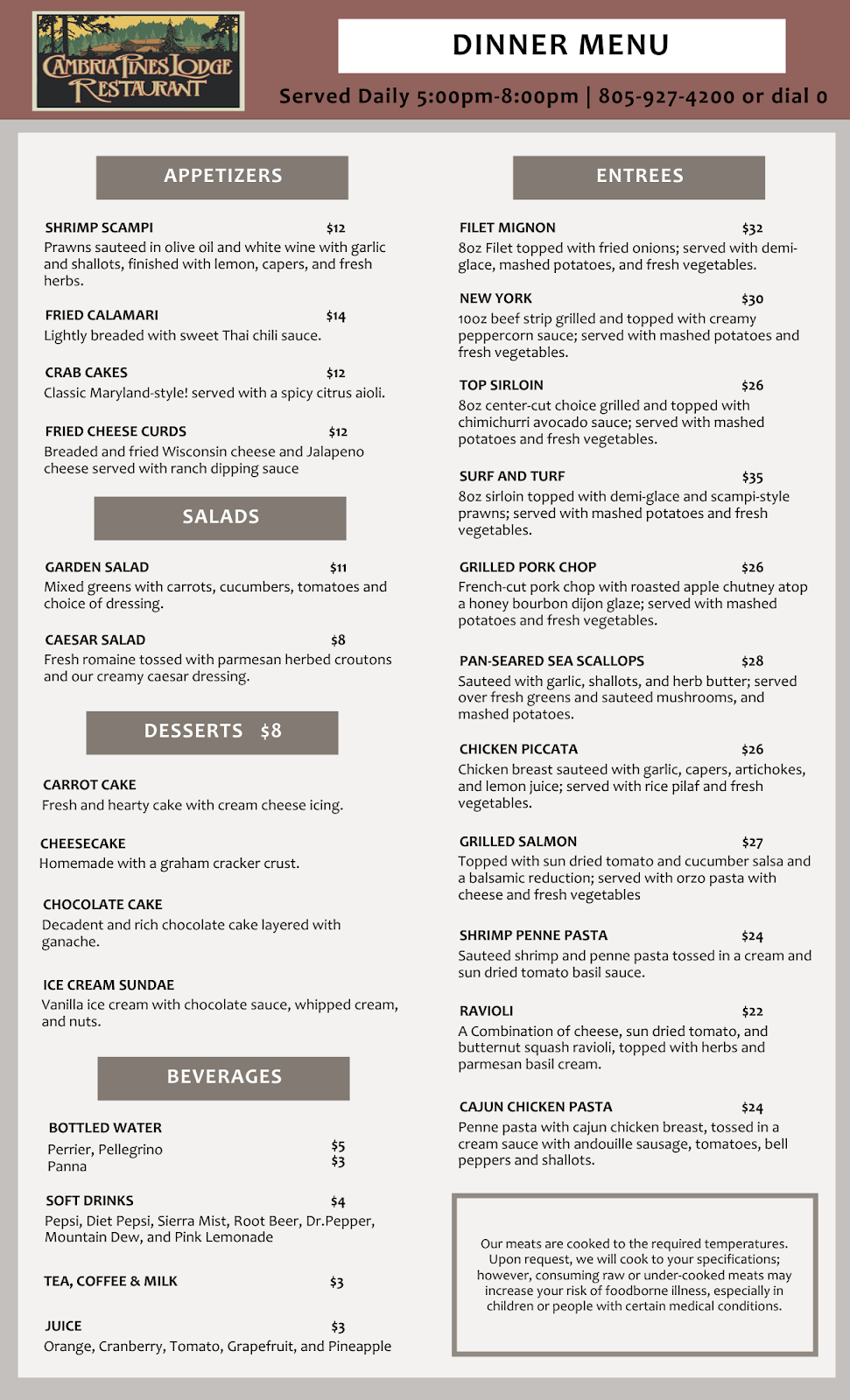 Cambria Pines Lodge Restaurant | restaurant | 2905 Burton Dr Suite #1, Cambria, CA 93428, USA | 8059274200 OR +1 805-927-4200