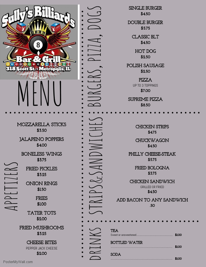 Sullys Billiards Bar & Grill | restaurant | 318 Scott St, Metropolis, IL 62960, USA | 6185242991 OR +1 618-524-2991