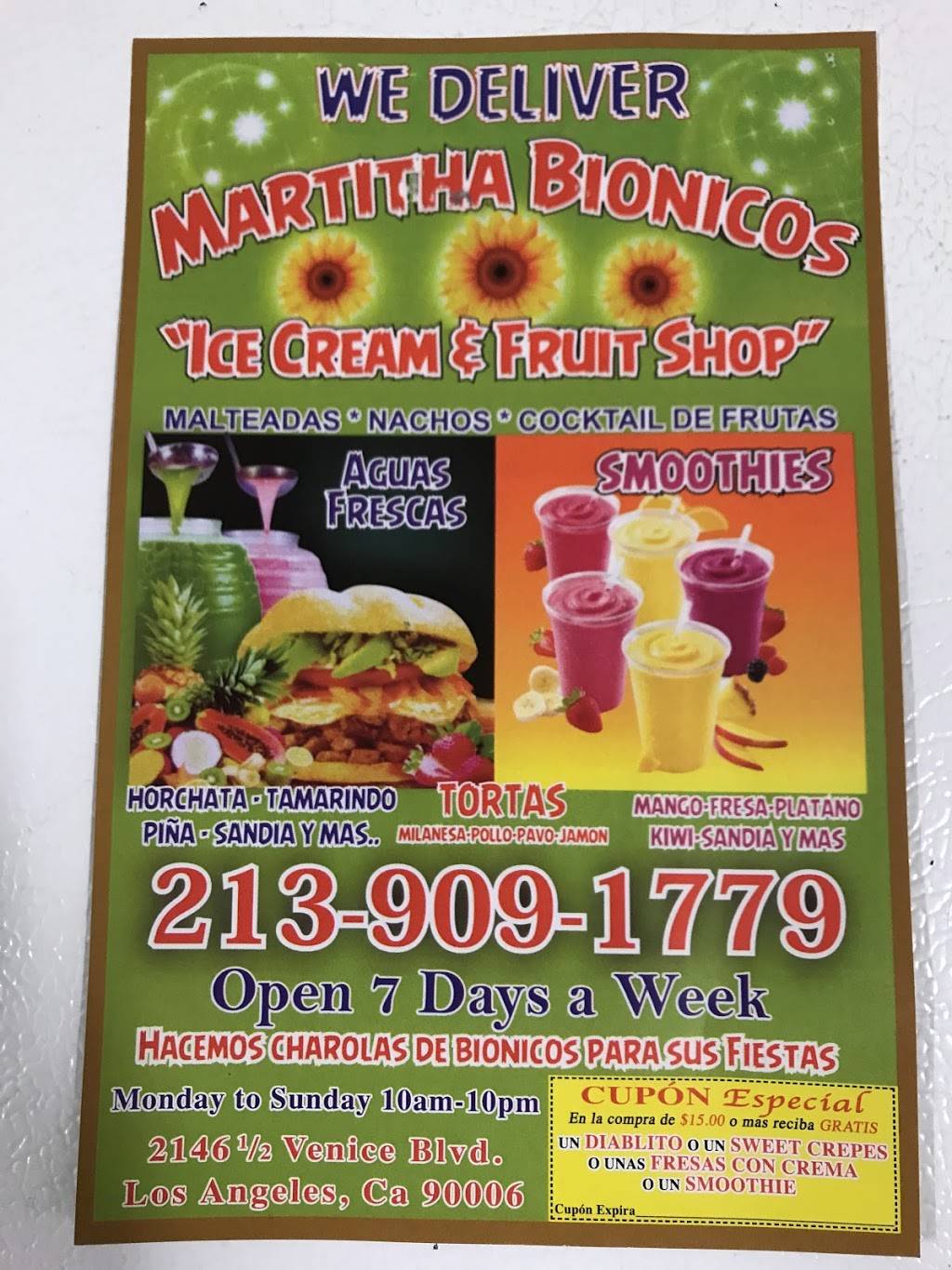 Marthitas Bionicos | restaurant | Martithas bionicos,2146 1, 2, Venice Blvd, Los Angeles, CA 90006, USA | 2139091779 OR +1 213-909-1779