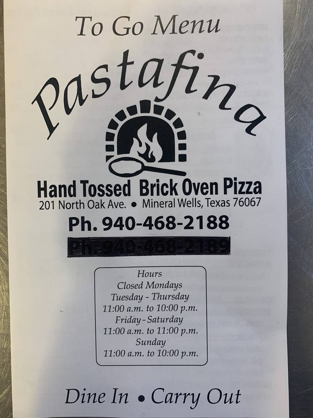 Pastafina Brick Oven Pizza | restaurant | 201 N Oak Ave, Mineral Wells, TX 76067, USA | 9404682188 OR +1 940-468-2188