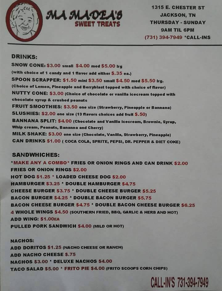 Ma Madeas Sweet Treats | restaurant | 1315 E Chester St, Jackson, TN 38301, USA | 7313947949 OR +1 731-394-7949