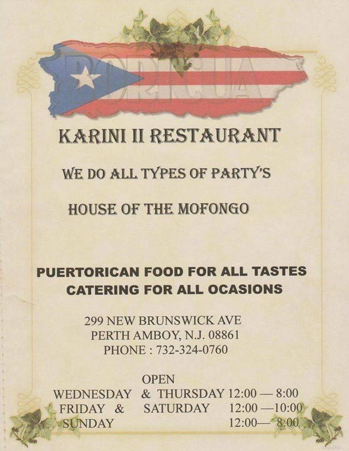 Karini II Restaurant | restaurant | 299 New Brunswick Ave, Perth Amboy, NJ 08861, USA | 7323240760 OR +1 732-324-0760