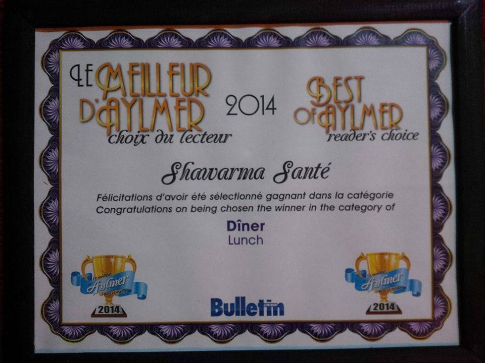 Shawarma Santé | restaurant | 204 Chemin dAylmer, Gatineau, QC J9H 1A1, Canada | 8196859111 OR +1 819-685-9111