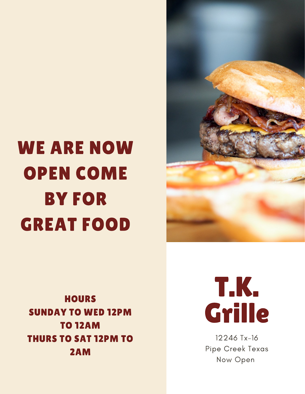 T.K. Grille | restaurant | 12246 TX-16, Pipe Creek, TX 78063, USA | 9375385595 OR +1 937-538-5595