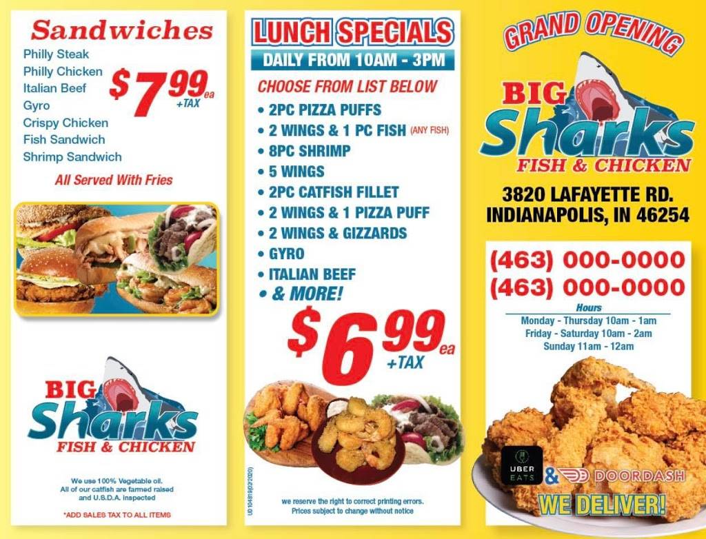 Big Sharks Fish & chicken | restaurant | 3820 Lafayette Rd, Indianapolis, IN 46254, USA | 3179749170 OR +1 317-974-9170