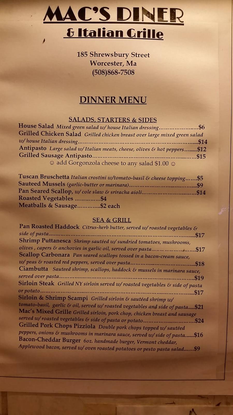 Macs Diner | restaurant | 185 Shrewsbury St, Worcester, MA 01604, USA | 5088687508 OR +1 508-868-7508