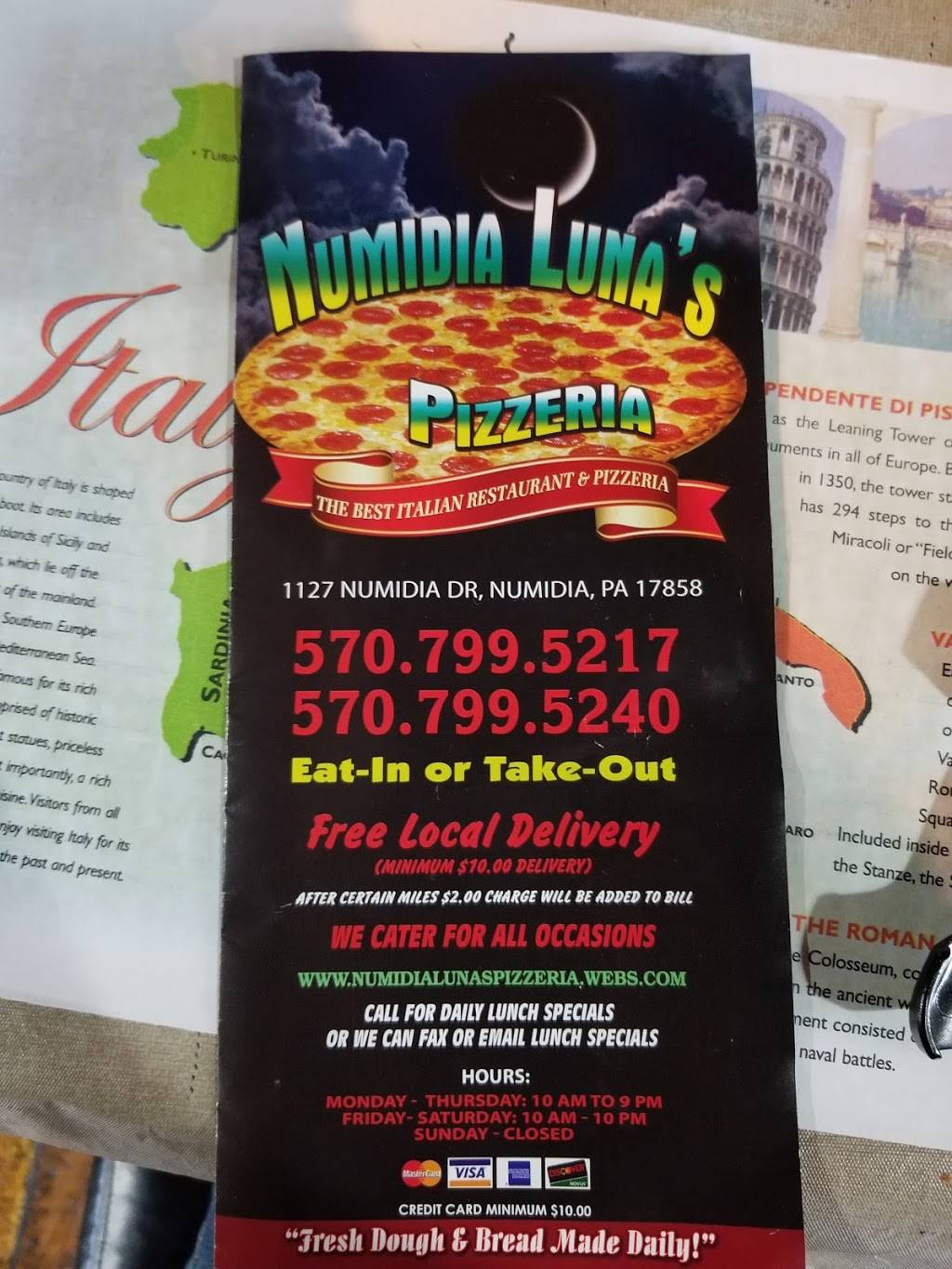 Numidia Lunas Pizzeria | restaurant | 1127 Numidia Dr, Catawissa, PA 17820, USA | 5707995217 OR +1 570-799-5217