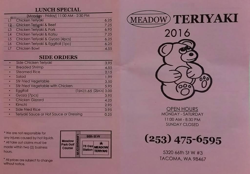 Meadow Teriyaki | restaurant | 5320 66th St W, University Place, WA 98467, USA | 2534756595 OR +1 253-475-6595