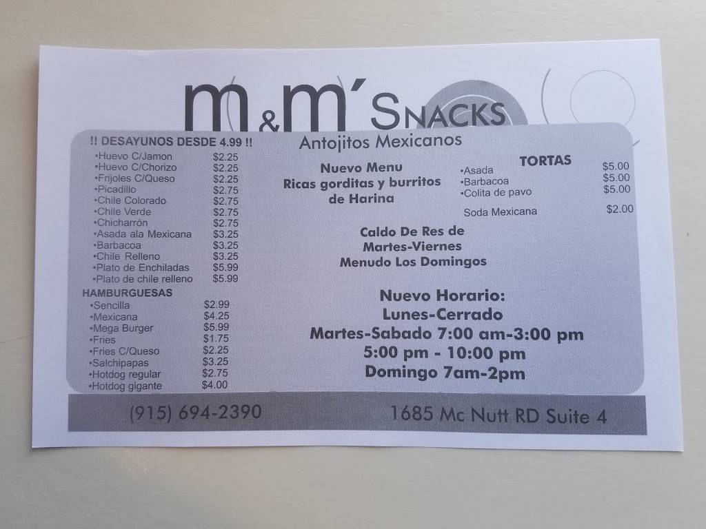 M&M’Snacks & Restaurant | restaurant | 1809 McNutt Rd, Sunland Park, NM 88063, USA | 53324552 OR +57 5 3324552