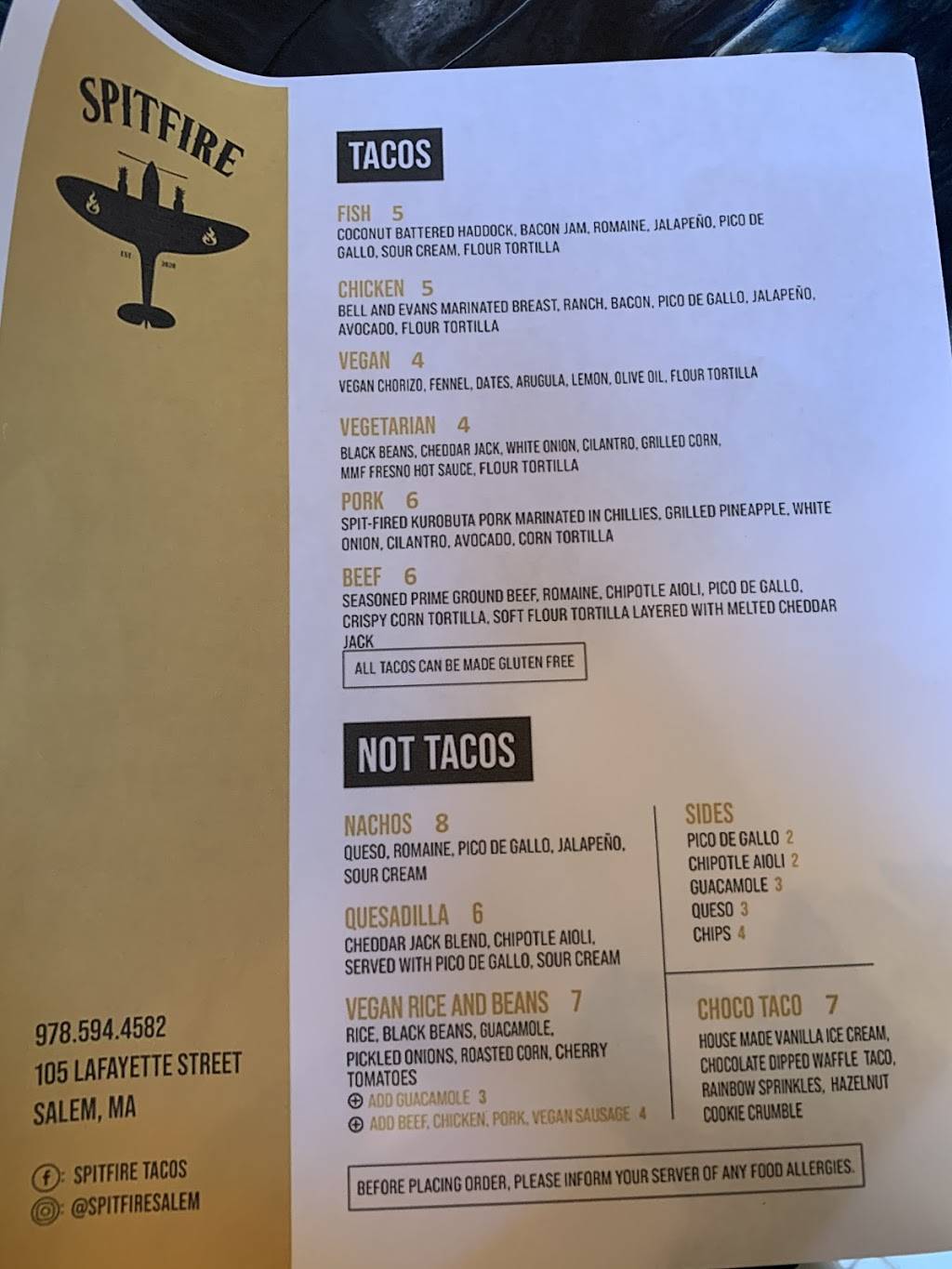 Spitfire Tacos | restaurant | 105 Lafayette St, Salem, MA 01970, USA | 9785944582 OR +1 978-594-4582