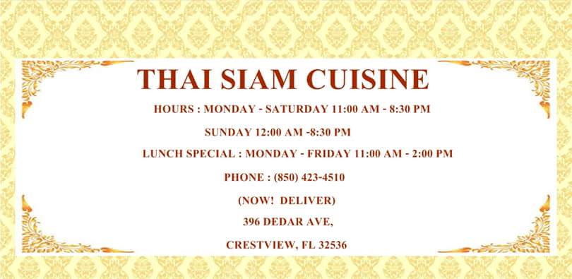 Thai Siam Cuisine | restaurant | 396 E Cedar Ave, Crestview, FL 32536, USA | 8504234510 OR +1 850-423-4510