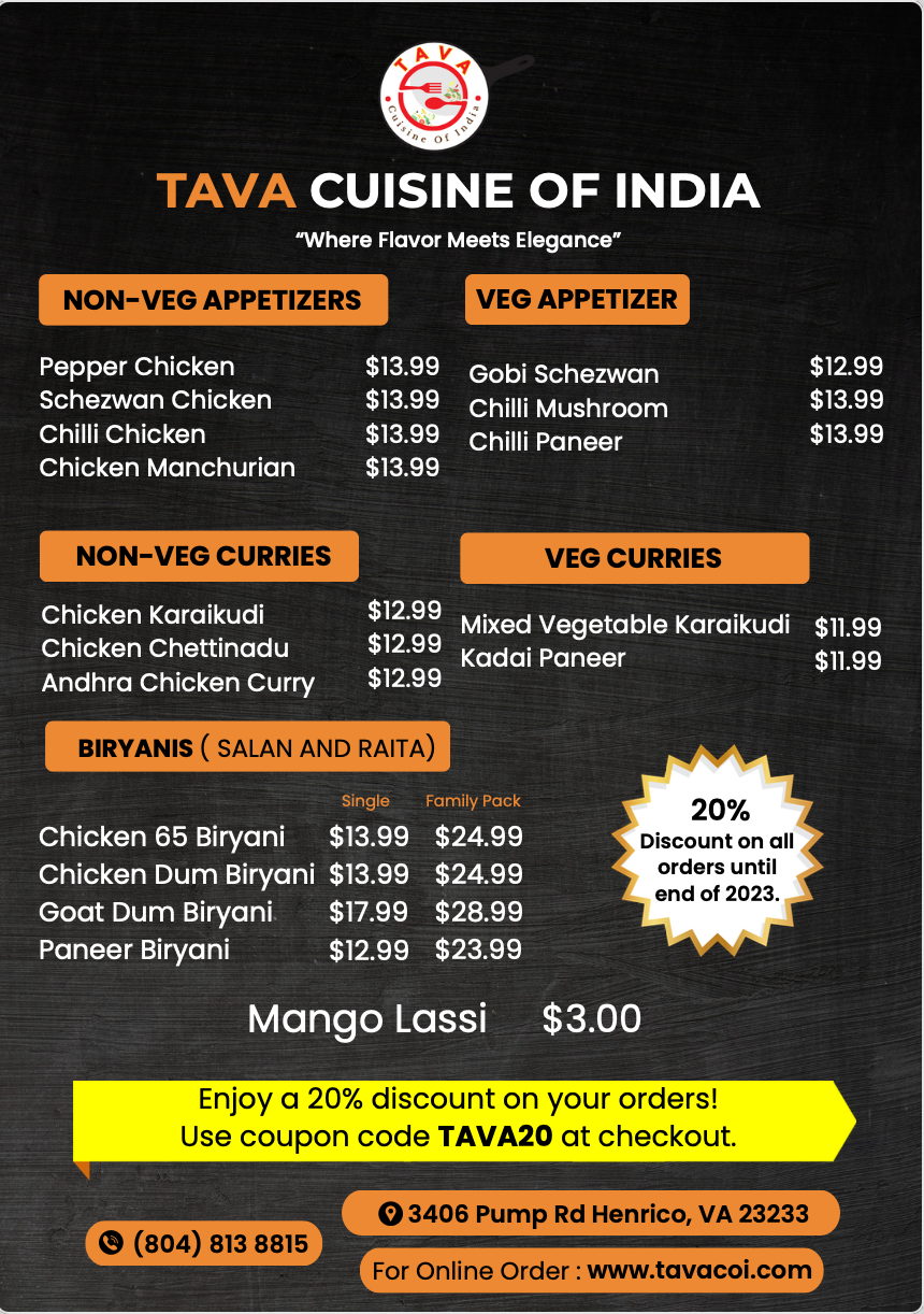 TAVA Cuisine of India | restaurant | 3406 Pump Rd, Henrico, VA 23233, USA | 8048138815 OR +1 804-813-8815