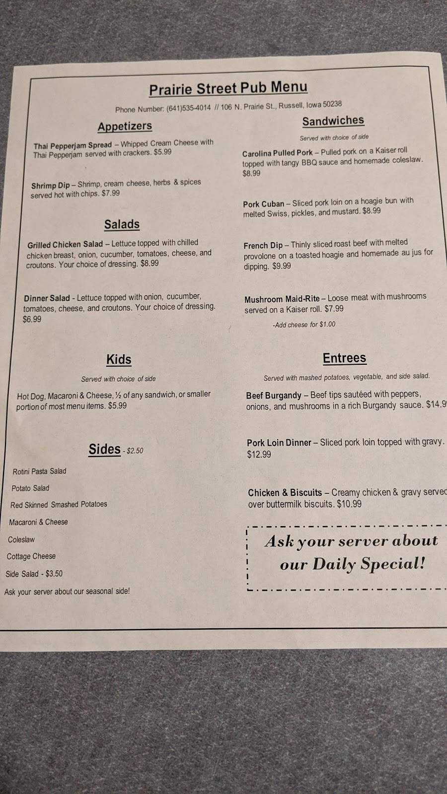 Prairie Street Pub | restaurant | 106 N Prairie St, Russell, IA 50238, USA | 6415354014 OR +1 641-535-4014