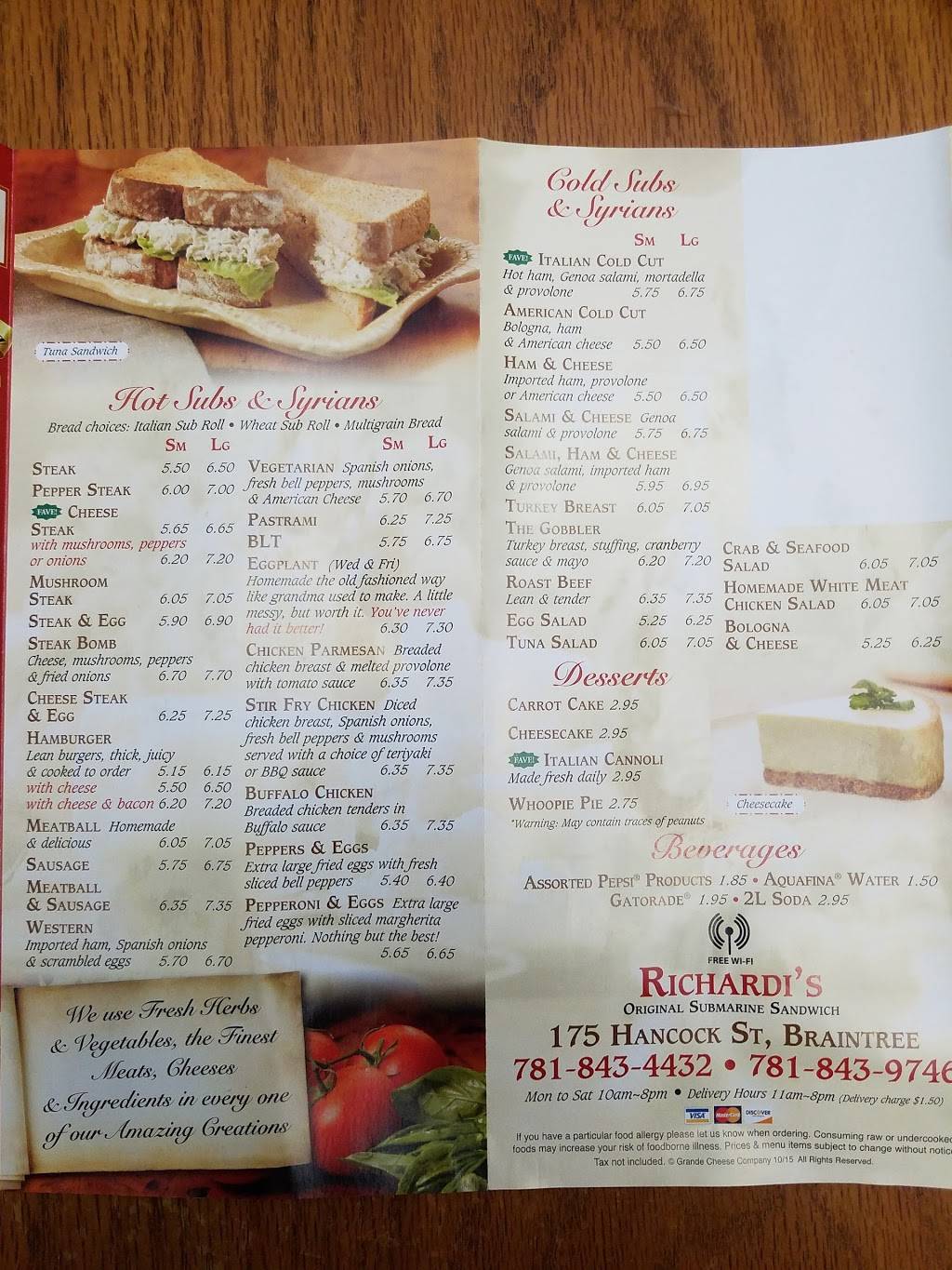 Richardis Original Submarine | meal takeaway | 175 Hancock St, Braintree, MA 02184, USA | 7818434432 OR +1 781-843-4432