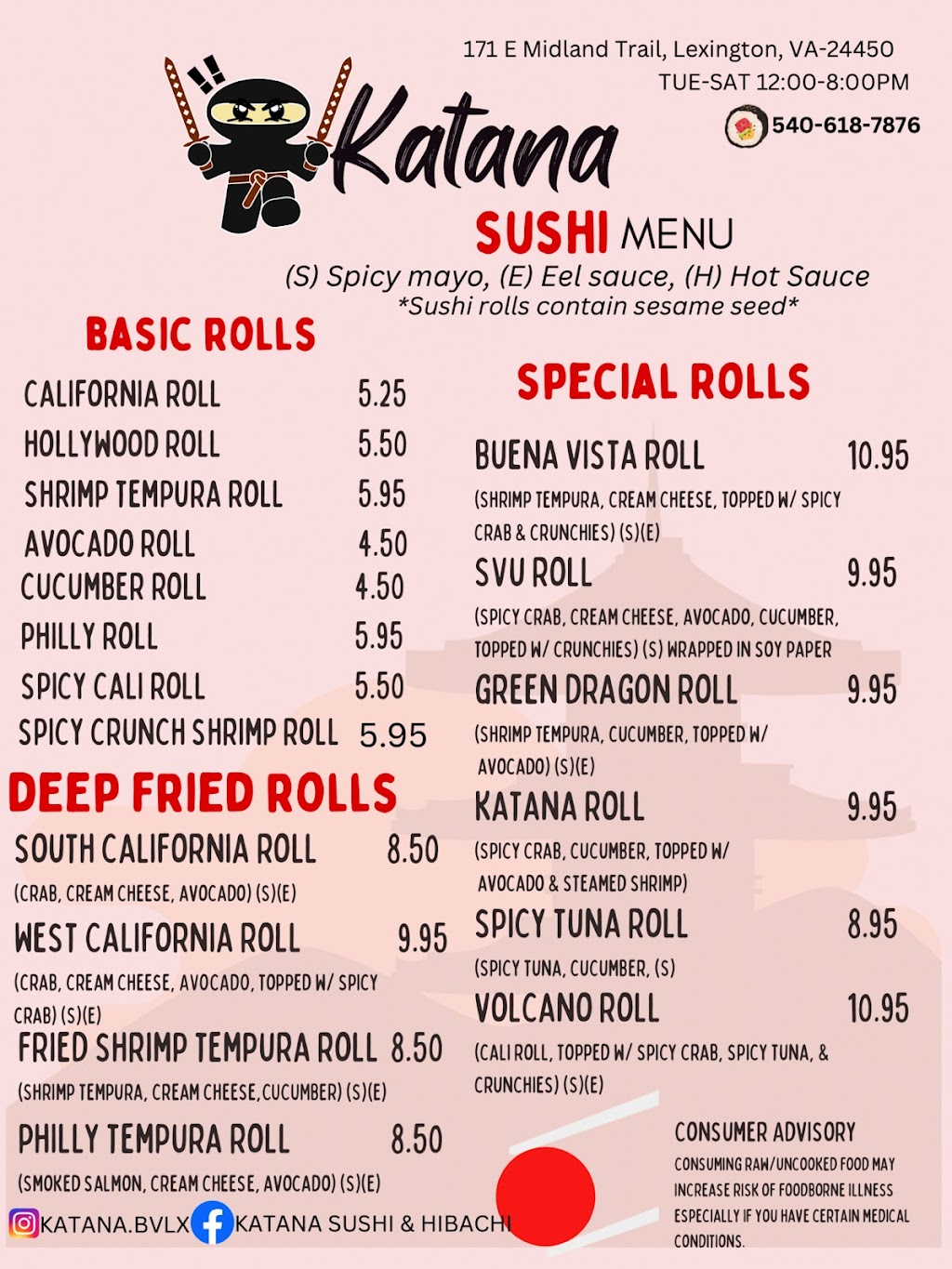 Katana Sushi And Hibachi On Wheels | meal takeaway | 171 E Midland Trail, Lexington, VA 24450, USA | 5406187876 OR +1 540-618-7876