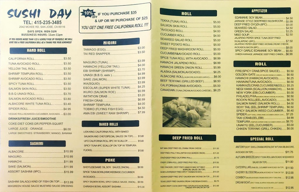 Sushi Day | restaurant | 2044 McKee Rd, San Jose, CA 95116, USA | 4152353485 OR +1 415-235-3485