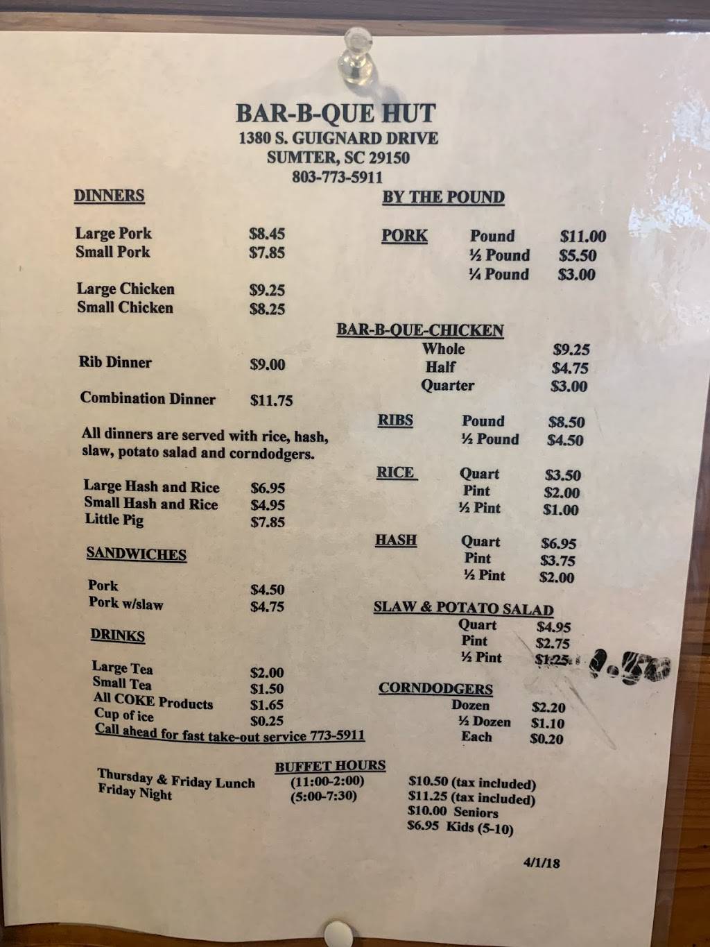 Bar-B-Que Hut | restaurant | 1380 S Guignard Dr, Sumter, SC 29150, USA | 8037735911 OR +1 803-773-5911