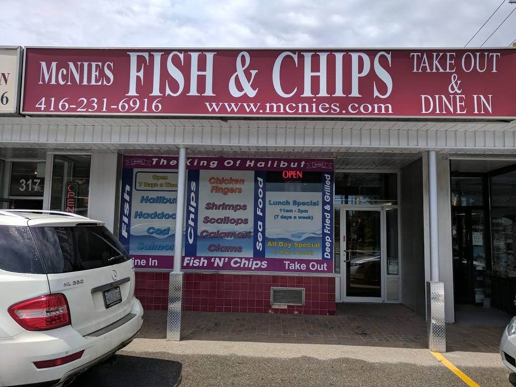 McNies Fish & Chips | restaurant | 315 Burnhamthorpe Rd, Etobicoke, ON M9B 2A2, Canada | 4162316916 OR +1 416-231-6916