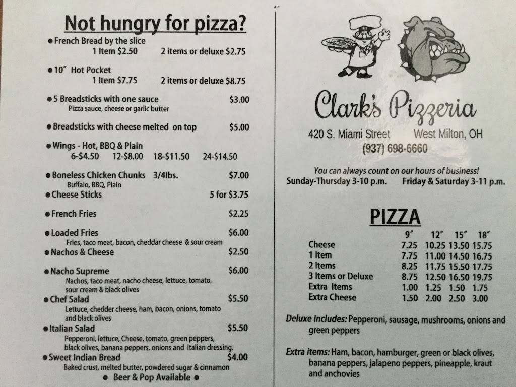 Clarks Pizzeria LLC | restaurant | 420 S Miami St, West Milton, OH 45383, USA | 9376986660 OR +1 937-698-6660