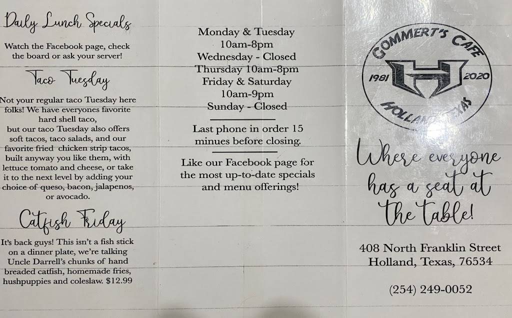 Gommert’s Cafe | restaurant | 408 N Franklin St, Holland, TX 76534, USA | 2542490052 OR +1 254-249-0052