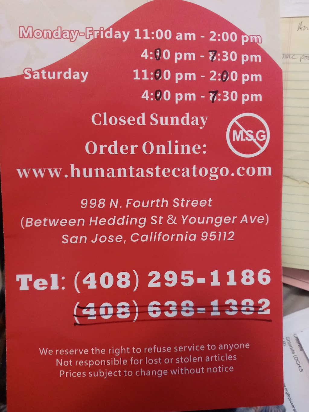 Hunan Taste Restaurant | restaurant | 998 N 4th St, San Jose, CA 95112, USA | 4082951186 OR +1 408-295-1186