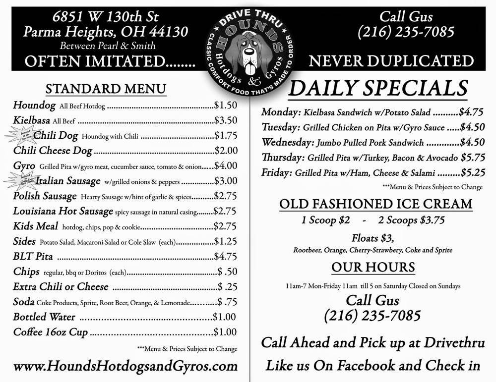Hounds Hot Dogs & Gyros | restaurant | 6851 W 130th St, Parma Heights, OH 44130, USA | 2162357085 OR +1 216-235-7085