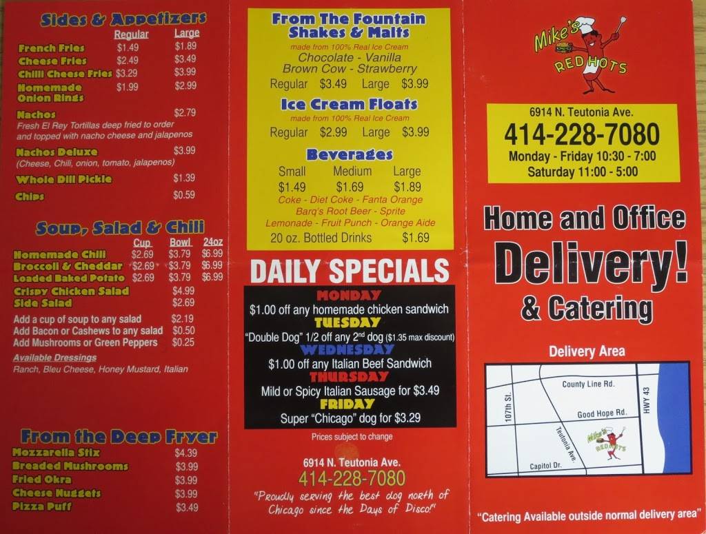 Mikes Red Hots | restaurant | 6914 N Teutonia Ave, Milwaukee, WI 53209, USA | 4142287080 OR +1 414-228-7080
