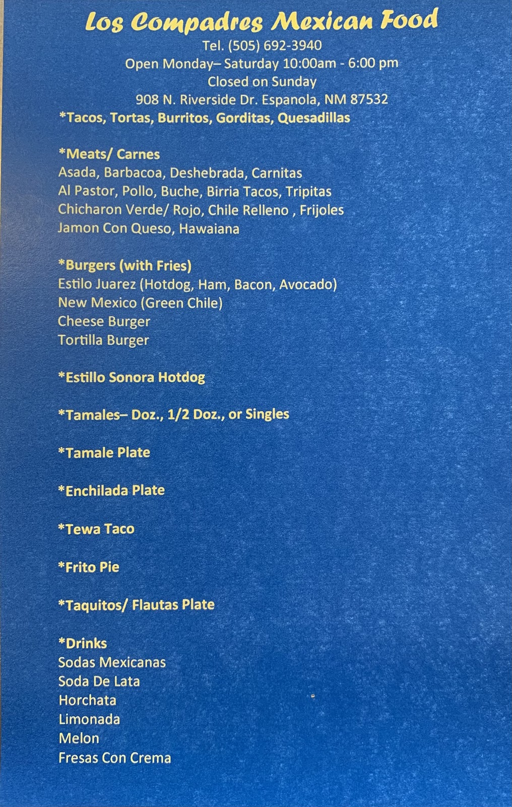 Lonchera Los Compadres Mexican Food | restaurant | 908 N Riverside Dr, Española, NM 87532, USA | 5056923940 OR +1 505-692-3940