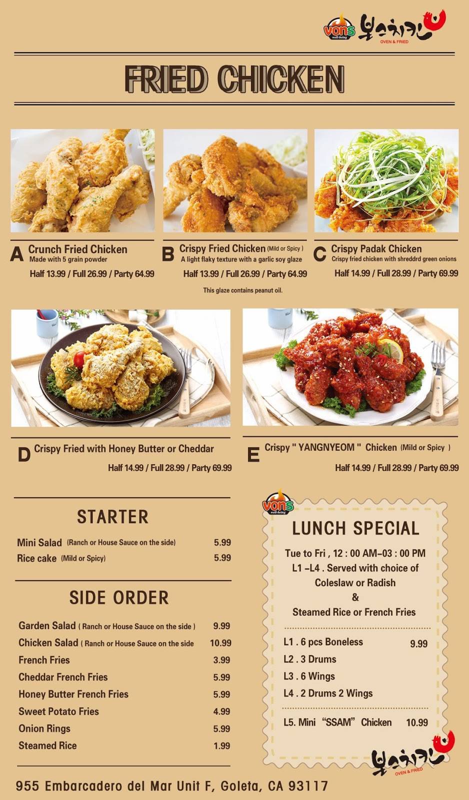 Vons Chicken | meal takeaway | 955 Embarcadero del Mar, Goleta, CA 93117, USA | 8058696556 OR +1 805-869-6556