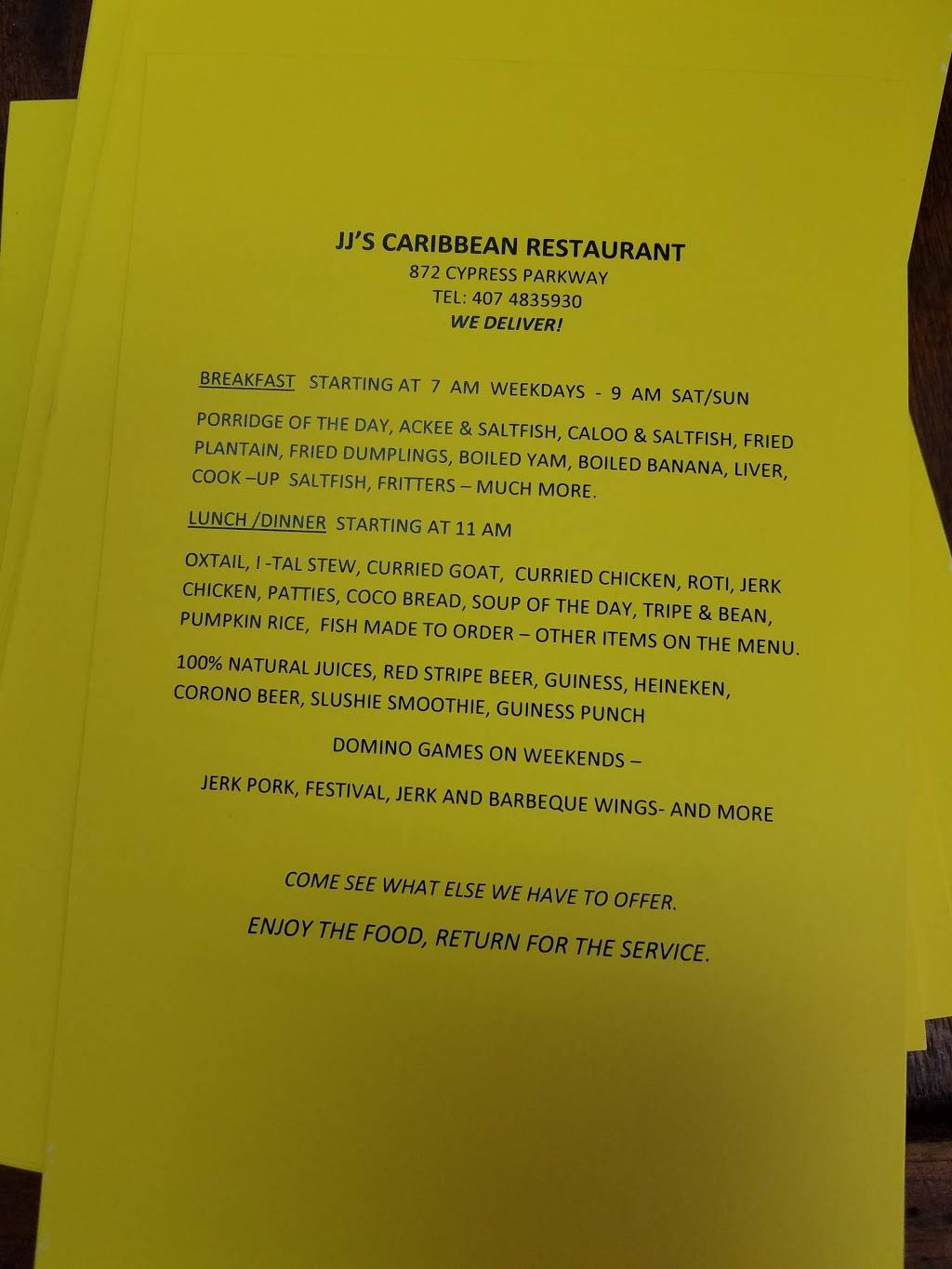 JJs Caribbean Restaurant | restaurant | 872 Cypress Pkwy, Kissimmee, FL 34759, USA | 4074835930 OR +1 407-483-5930