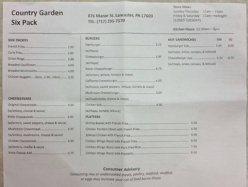 Country Garden 6-PACK Restaurant | restaurant | 876 Manor St, Lancaster, PA 17603, USA | 7172957570 OR +1 717-295-7570