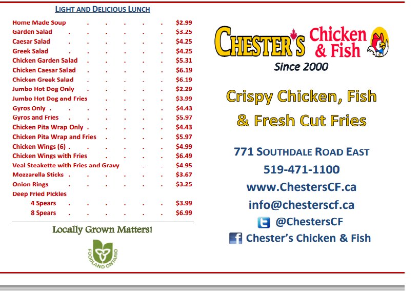 Chesters Chicken & Fish | restaurant | 771 Southdale Rd E, London, ON N6E 2C6, Canada | 5194711100 OR +1 519-471-1100