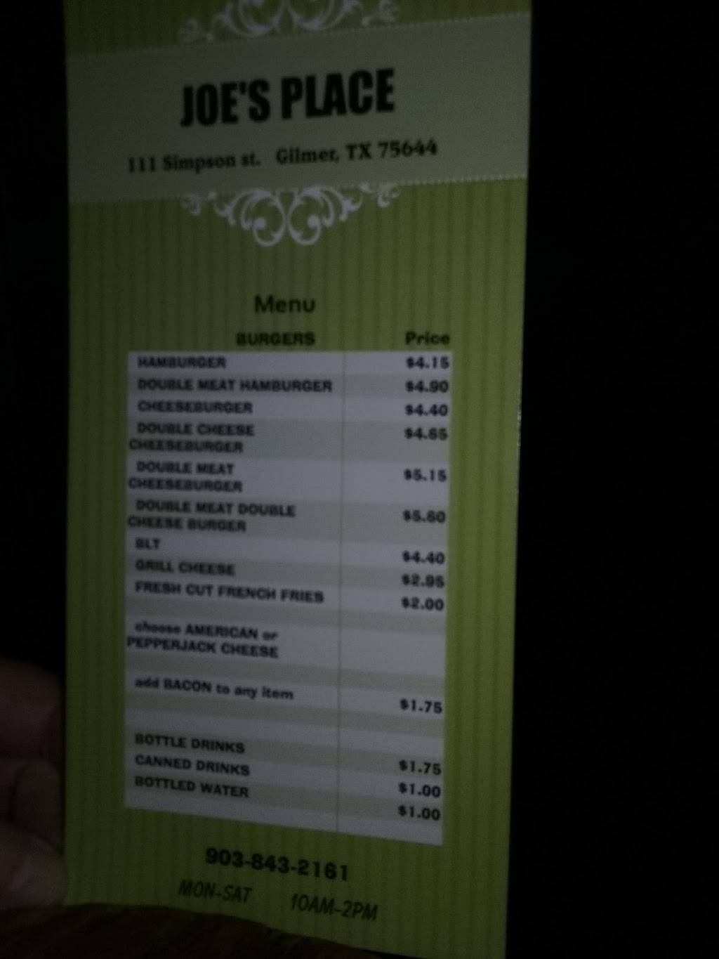 Joes Place | restaurant | 111 Simpson St, Gilmer, TX 75644, USA | 9038432161 OR +1 903-843-2161