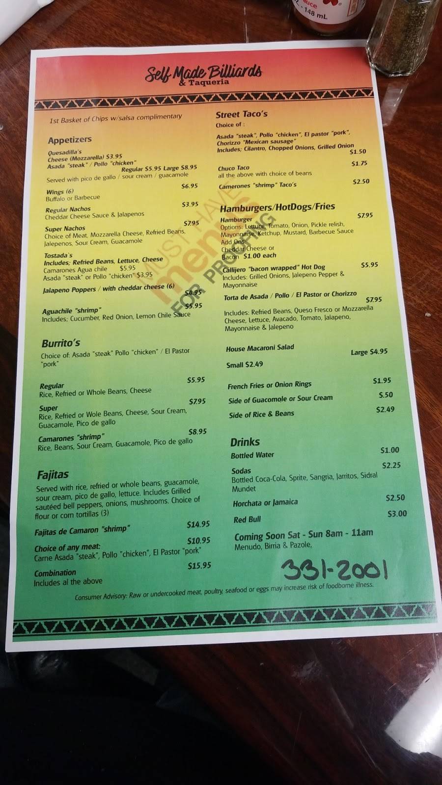 Self Made Billiards And Taqueria | restaurant | 14644 Lakeshore Dr, Clearlake, CA 95422, USA | 7073312001 OR +1 707-331-2001