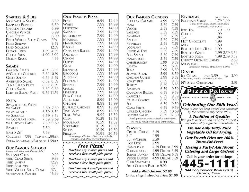 Pizza Palace | restaurant | 44 Poquonnock Rd, Groton, CT 06340, USA | 8604451111 OR +1 860-445-1111