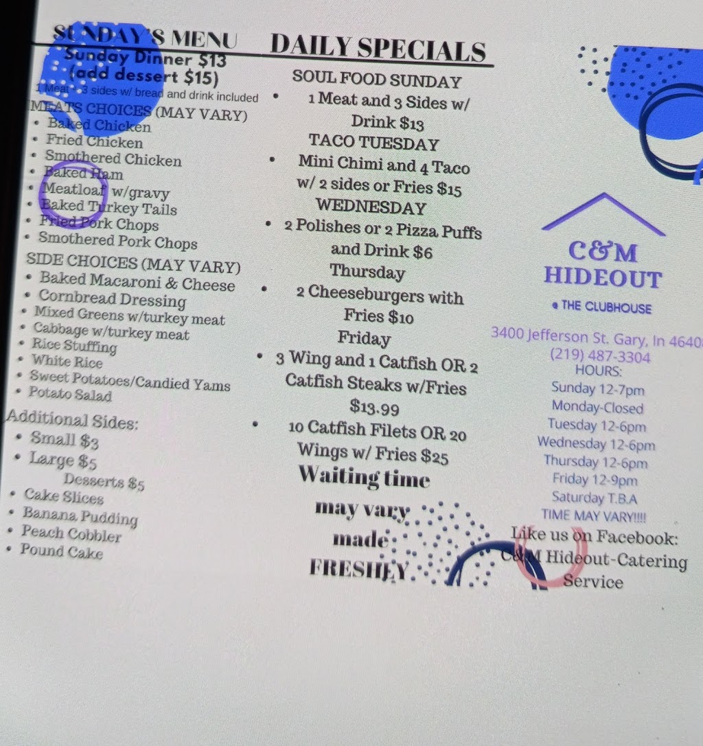 C&M Hideout Catering Service | restaurant | 3400 Jefferson St, Gary, IN 46408, USA | 2194875413 OR +1 219-487-5413