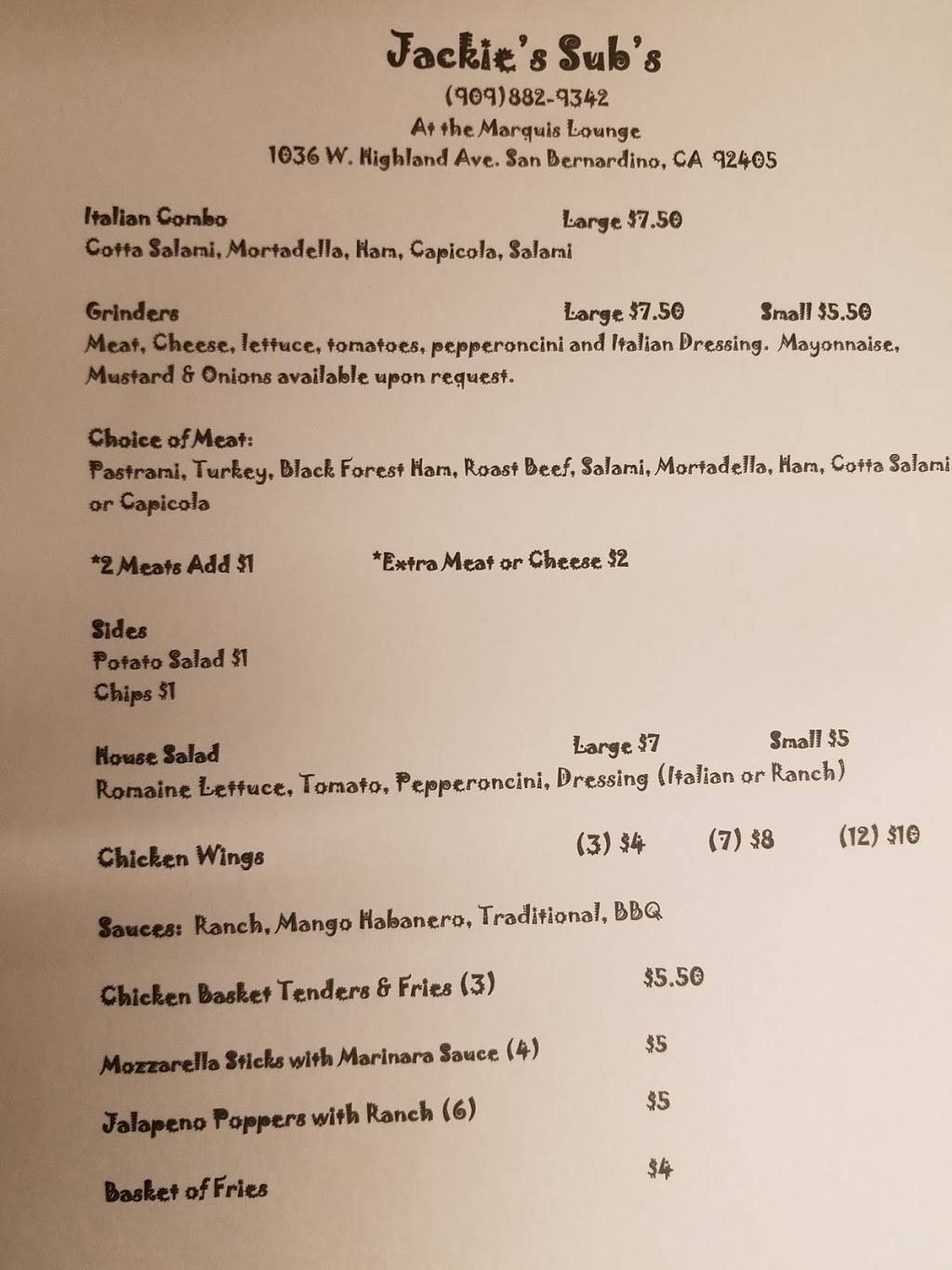 Jackies Subs | restaurant | 1036 W Highland Ave, San Bernardino, CA 92405, USA | 9098829342 OR +1 909-882-9342