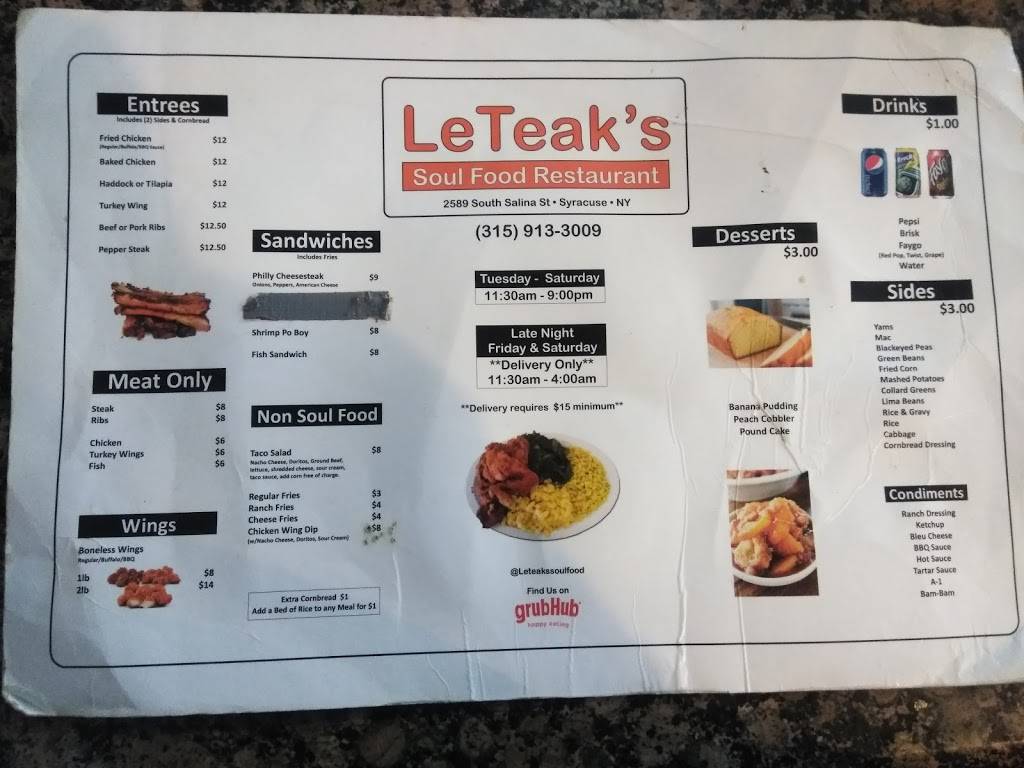 LeTeaks Soul Food | meal delivery | 2859 S Salina St, Syracuse, NY 13205, USA | 3159133009 OR +1 315-913-3009
